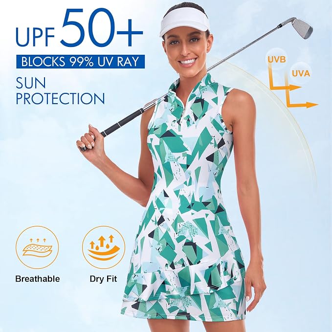 Viracy Tennis Dress for Women Sleeveless Golf Dresses with Shorts and Pockets Ruffle Zip Up Stand Collar Golf Outfits
