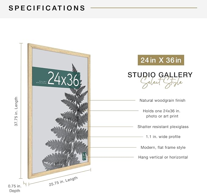 MCS Studio Gallery 24x36 Poster Frame Natural Woodgrain Engineered Wood, Vertical & Horizontal Wall Hanging Large Picture Frame for Photos, Posters & Art Prints (1-Pack)