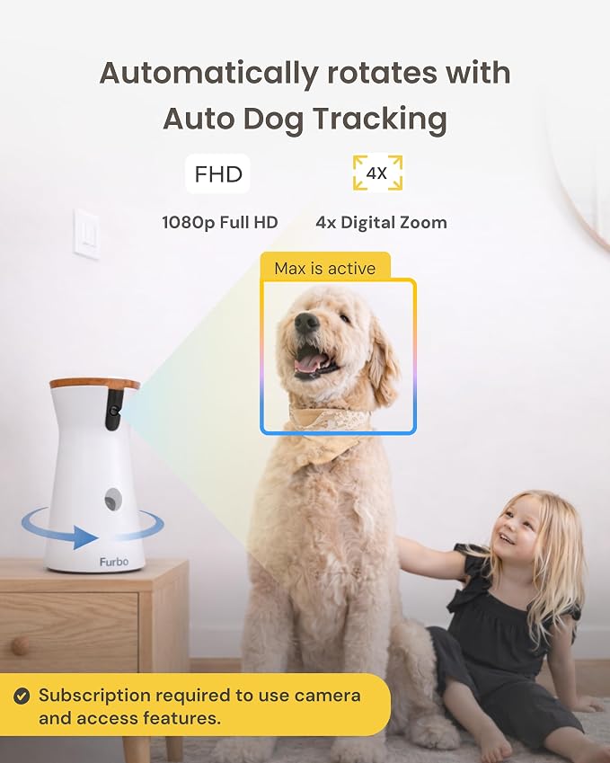 Furbo 360° Dog Camera [Subscription Required] Unlock w/Paid Plan: Home Security & Dog Safety Alerts, Rotating Pet Treat Toss, 2-Way Speaker (Low Risk, 3mo Min. Cancel Anytime) | Stay connected with AI Dog & Home Safety Alerts, Treat Toss, Auto-Tracking...