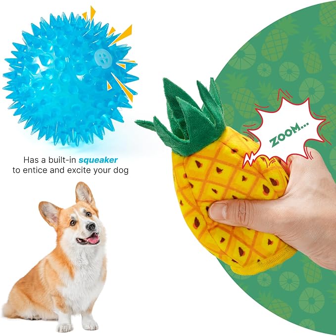 No Stuffing 3pc Squeaky Dog Toys 2 in 1 Interactive Plush Dog Toy Pineapple Shaped Rip&Reveal Toy for Boredom- Perfect for Chew&Fetch Play