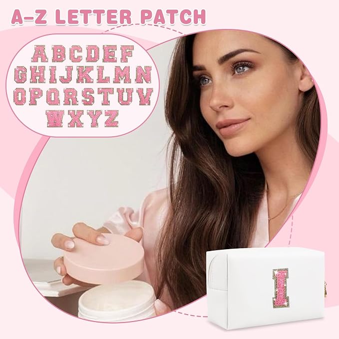 Small Initial Patch Makeup Bag Personalized Gifts Make Up Bag,White Cute PU Leather Glitter Letter Cosmetic Bag with Zipper,Trendy Portable Travel Toiletry Pouch,Preppy Stuff for Teen Girls Women I