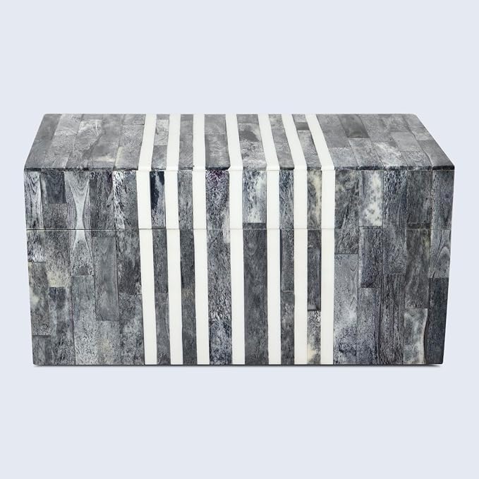 Handicrafts Home Large Decorative Storage Box with Lid, Patisserie Cafe Stripe Pattern Memory Keepsake Box, Deep Storage Organizer for Coffee Table Decor, Wooden Gift Storage Box, Grey & White, 10x5x5