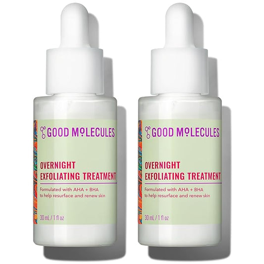 Good Molecules Overnight Exfoliating Treatment Pack 2 – 1 fl oz / 30 ml Each | Lightweight Face Exfoliator with AHA & BHA, Glycolic & Salicylic Acid