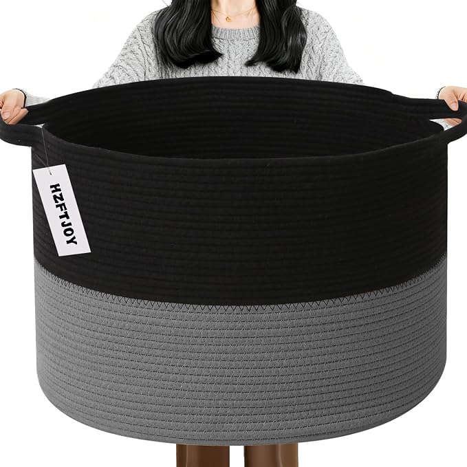 65L Large Blanket Basket,Woven Rope Laundry Basket-Black&Dark Grey | Collapsible, reinforced handles, nursery storage bin organizes clothes, toys and pillows for living room, bedroom bathroom