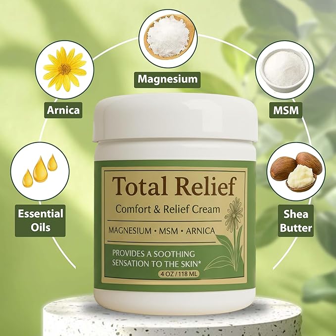 Total Relief Magnesium Cream for Comfort – Fast-Absorbing MSM & Arnica Cream for Healthy, Comfortable Nerves and Daily Comfort – 4 Fl Oz (Pack of 3)