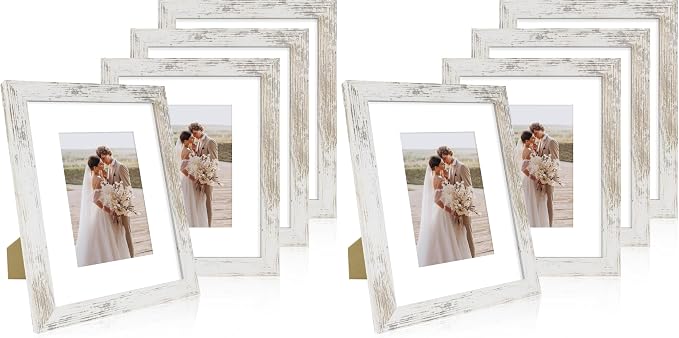 Hongkee 8x10 Picture Frame Set of 4, Made of Real Glass and Distressed White Wooden Frame, 8 by 10 Photo for Wall or Tabletop - Display Picture 5x7 with Mat or 8x10 Without Mat (Pack of 2)
