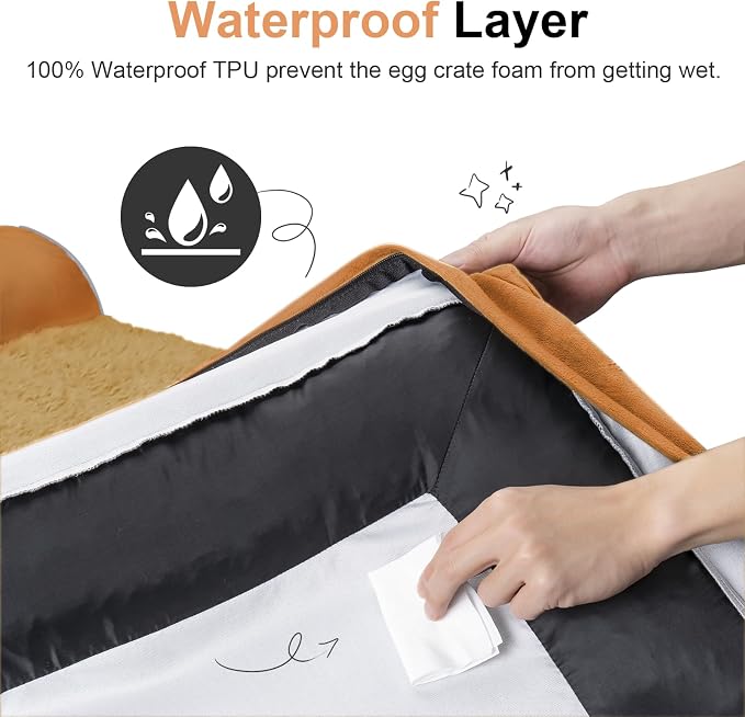 Orthopedic Dog Bed for Large Dogs, 36 x 27 Inch, Orange | Egg crate foam for joint support, 3-sided bolster pet sofa, waterproof lining, washable cover, and non-skid base