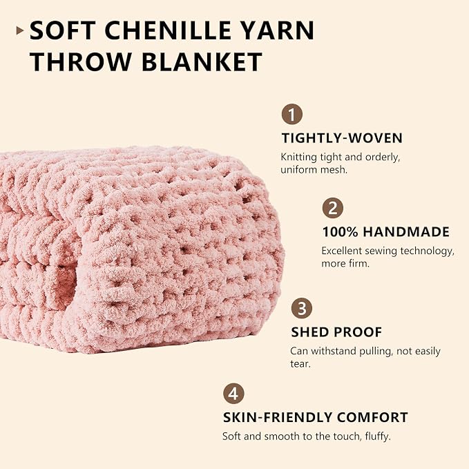 L'AGRATY Chunky Knit Throw Blanket for Couch, 30'' x 40'' Knit Throw, Pink | Handmade Chenille Crochet Blanket for Sofa Bed, Thick Cable Knitted Blankets for Room Home Decor, Birthday Gift for Women Mom