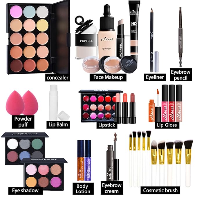 All-in-One Makeup Gift Set Travel Makeup Kit Complete Starter Makeup Bundle Lipgloss Lipstick Concealer Blushes Powder Eyeshadow Palette Cosmetic Palette for Teen Girls & Adults #14