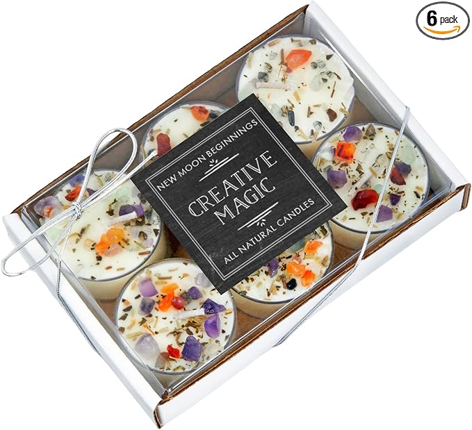 Creative Magic Candles by New Moon Beginnings - Focus, Creativity, & Concentration - Herb & Crystal Candles - Soy Aromatherapy Candle - Set of 6 Tealights