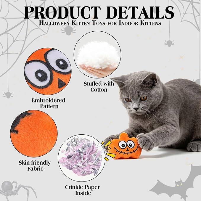 EXPAWLORER 5Pcs Halloween Catnip Toys for Cats-Pumpkin, Bat, Spider, Skeleton & Witch Cat, Cat Chew Toy with Crinkle Paper for Interactive Play & Relieve Boredom, Perfect for Teething Exercise & Gift