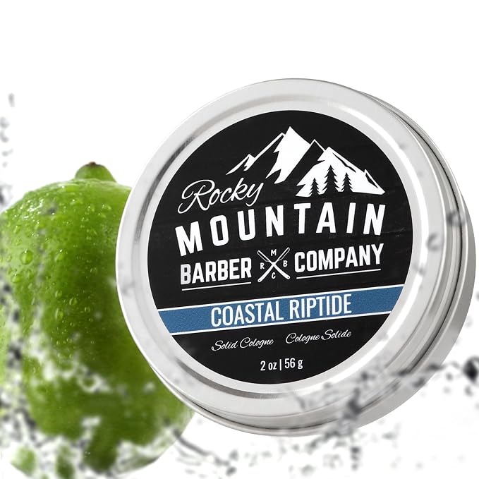 Rocky Mountain Barber Company Solid Cologne for Men – Coastal Riptide Scent – 2 Oz Size - Made with Coconut Oil, Shea Butter - Long-Lasting Scent (Coastal Riptide)