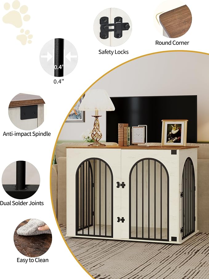 Hzuaneri 44.1'' Dog Crate Furniture,Dog Kennel Indoor for Medium/Large Dogs | Dog Kennel Furniture Wooden Dog Cage Heavy Duty Dog Crate Decorative Pet House End Side Table TV Stand,White Brown DFC83914B