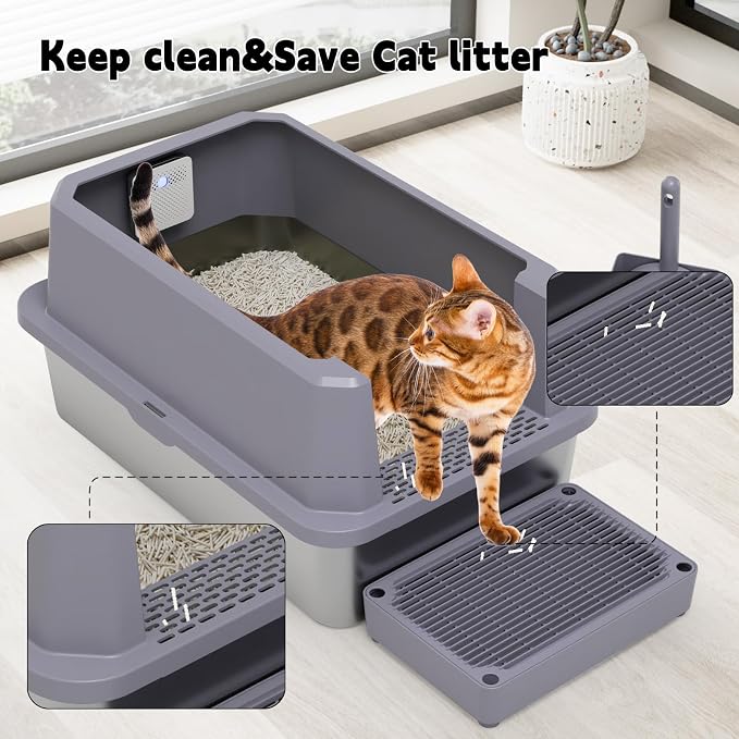 RIZZARI Stainless Steel Litter Box: Leakproof 2-Pack High Walls for Cats | 6.5" Anti-Spill Walls / Dual Filtering Holes / 304 Non-Absorbent Base / Teflon Easy-Clean / Built-In Deodorizer