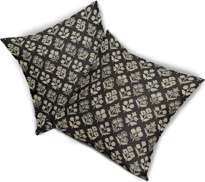 Black Floral Pillow Covers 24x24 Inch Set of 2, Vintage Flower Block Print Decorative Throw Pillowcases Outdoor Farmhouse Cushion Covers Spring Summer Rustic Decoration Sofa Couch Bed Decor