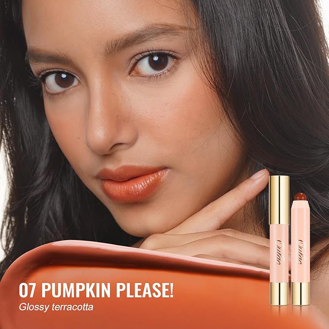 Oulac Reddish Brown Lipstick - Lipstain and Blush Duo, Tinted Lip Balm, Moisturising and Nourishing, Glossy Finish, Vegan, Pumpkin, Please!(07)