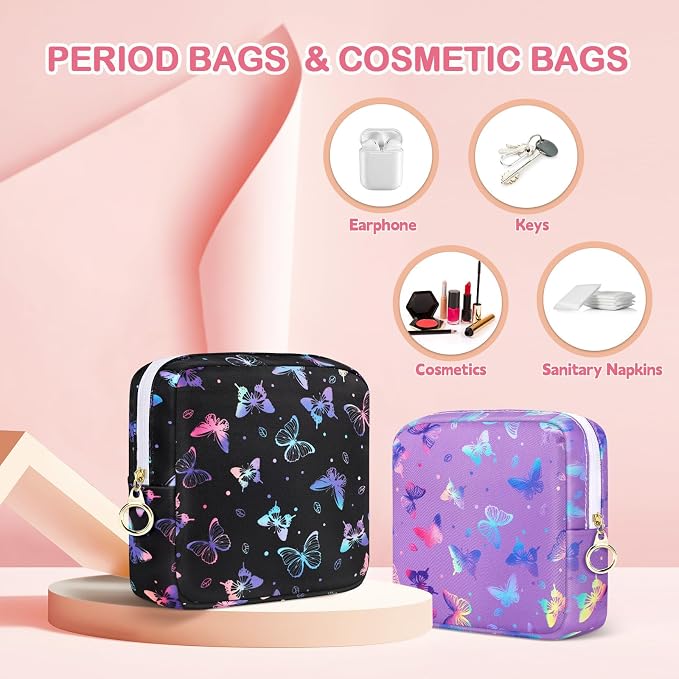 Likesing Period Bag Pouch, Canvas Sanitary Napkin Storage Bag for Girls Womens, Portable Sanitary Napkin Period Pad Pouch Bag for Purse, Small Make Up Bags(White Butterfly)