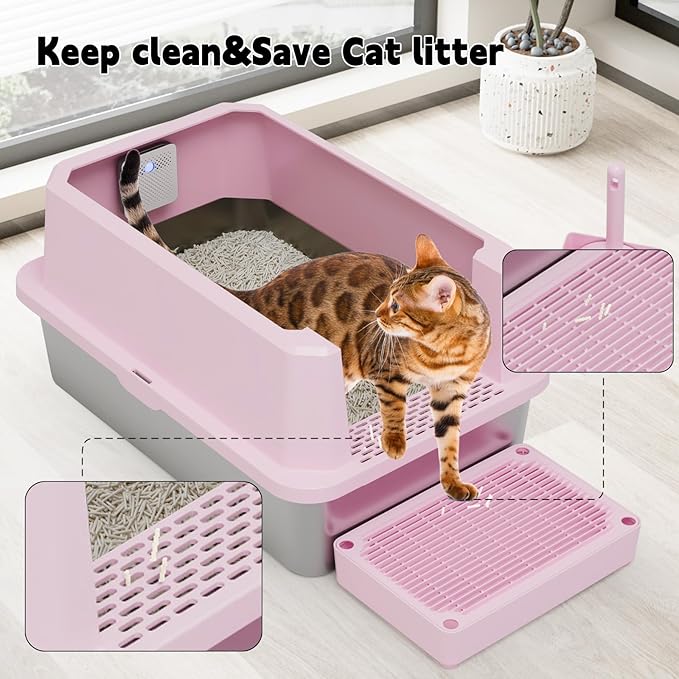 RIZZARI High-Sided Large Cat Litter Box: 2-Pack for Multi-Cat Use | 304 Steel Odor-Resistant Tray / 6.5" High Splash Guard / Dual Anti-Tracking / Built-In Deodorizer / Spacious for Large Breeds