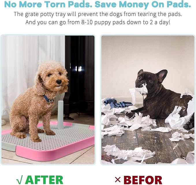 CUHIOY Dog Potty Tray Toilet 20"x14", Indoor Pee Pad Holder, Pink | With 8pcs Training Pads, Puppy Pee Mesh Potty Pan, Secure Latch Doggy Bathroom Litter Box for Small Medium Puppies