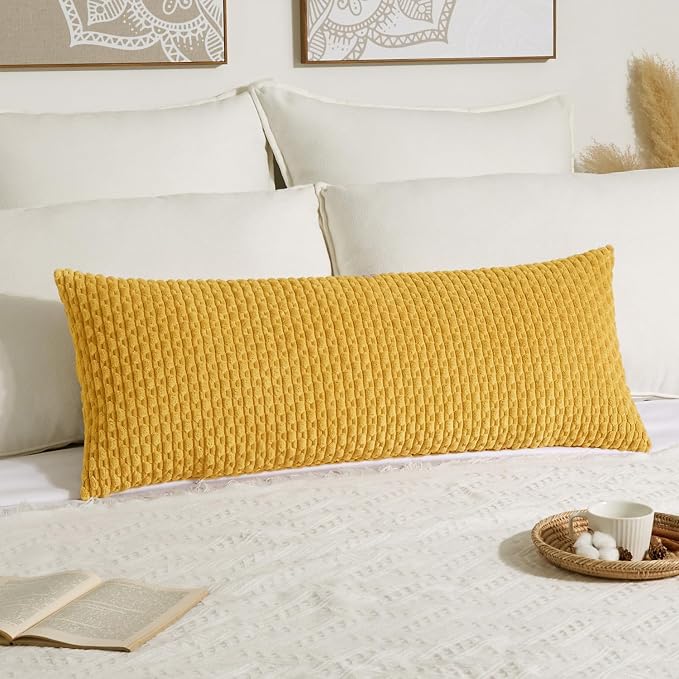 Kevin Textile Soft Corduroy 20"x54" Pillow Cover 1 Pack, Mustard Yellow | Boho Stripe Plush Corduroy Decorative Oblong Cushion Cover Modern Farmhouse Home Decor for Sofa Couch Bed Chair