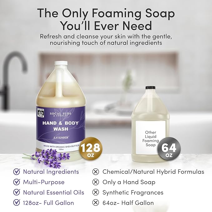 SoCal Suds & Company 128oz Certified Organic Hand & Body Wash w/Shea Butter- Gentle Natural Body,Baby & Face Wash for Sensitive Skin, Moisturizing Thick Castile Soap, Hand Soap and More - Lavender