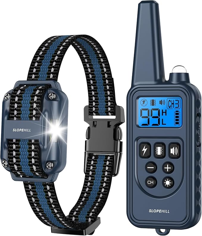SLOPEHILL Dog Training Collar,4200FT Remote Shock Collar for Dogs 8-140lbs | IP68 Waterproof e Collar with Beep, Vibration, Safe Shock, Light ,No Shock Modes,Dog Collar with Removable Prongs,Dark Blue