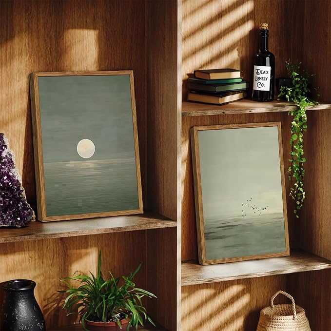 Framed Sage Green Japanese Canvas Wall Art Set of 2, Minimalist Moon and Birds Pictures Wall Decor, Neutral Landscape Artwork Paintings Prints Zen Home Decor for Living Room Bedroom Office 12x16 inch