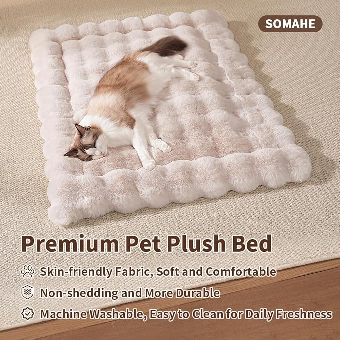 SOMAHE Soft Plush Cat Bed Mat, Machine Washable, Small 23x15 Milky White | Machine Washable + Non-Slip Paw Bottom: soft cat mat stays fluffy and steadier on floors, couches, and cat trees.