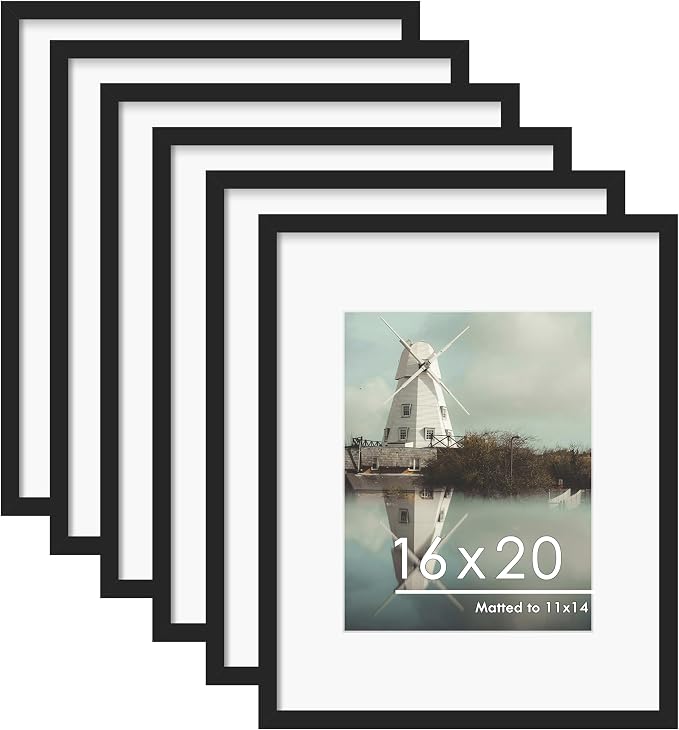 16x20 Picture Frame Set of 6, Wall Mounting Display, Black | Display 11x14 with Mat or 16x20 Without Mat, Horizontal or Vertical, Poster Frame Set for Wedding & Room & Home Decor