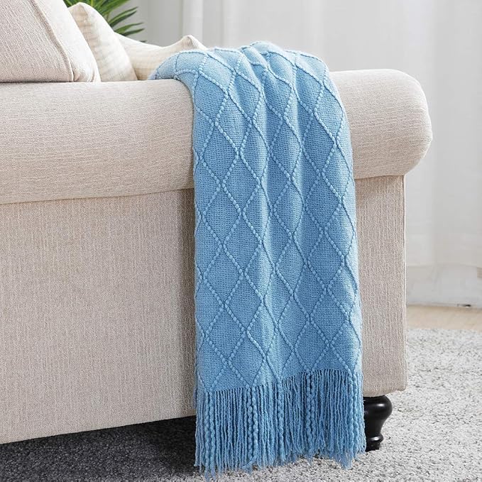 BOURINA Blue Throw Blanket 60x80 Inch Boho Knitted Soft Throw Sofa Blanket | Knitted Throw Blanket 60x80 Inches, Soft Lightweight Boho Weave Throw Decorative Couch Blanket for Living Room Bedroom Chair