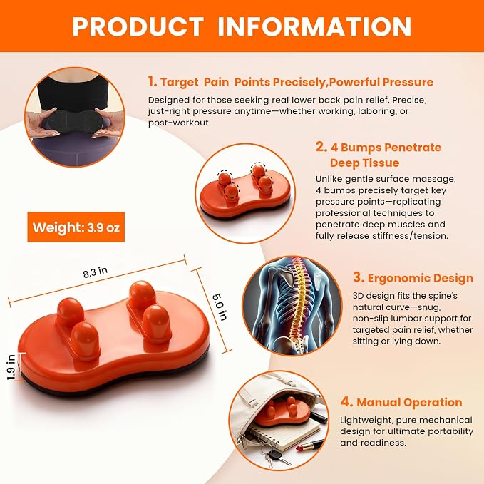Manual Back Massager, Trigger Point Tool for Back Stretching | 4 Bumps Penetrate Deep Tissue，Prevent Muscle Stiffness，Improve Posture，Full Body Massage，lightweight 3.9 oz，portable