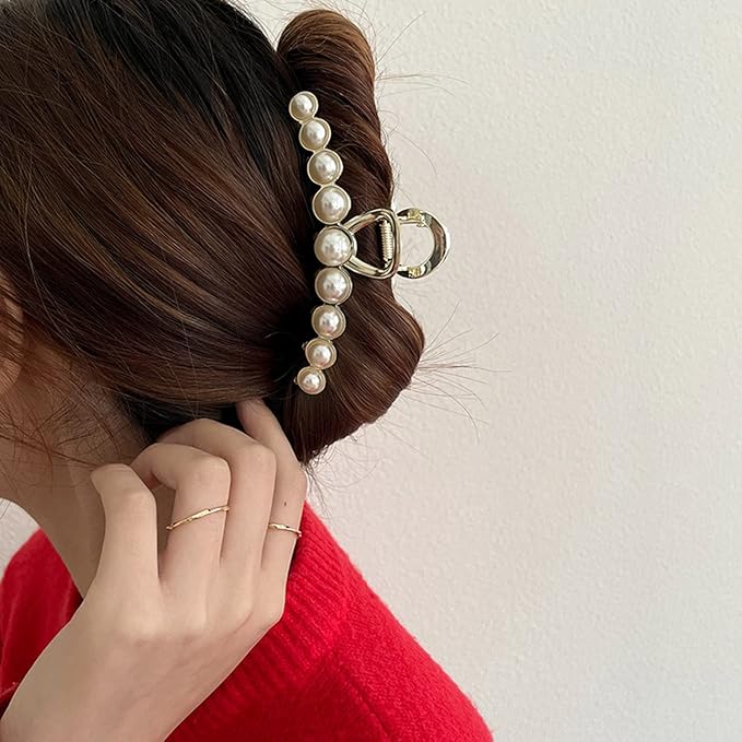 Pearl Hair Claw Clips, Textention Imitation Pearl Claw Jaw Clips for Women Thick Thin Hair Elegant Large Size Metal Clasps Clamps Accessories Headwear Styling Tools for Ladies Party Wedding (2 Pack)