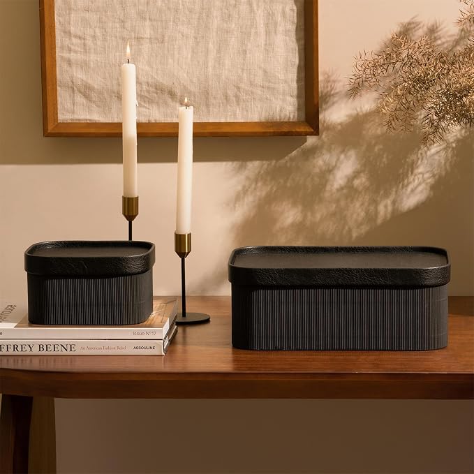 LA JOLIE MUSE Decorative Storage Boxes with Lids Faux Leather, Black 3 Pack | Vegan Leather Lids, Fluted Cardboard Storage Basket, Organizer for Jewelry, Shelves, Bedroom & Closet Storage Memory Box