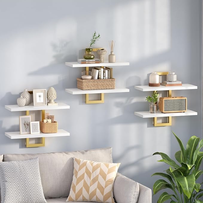 HOOBRO Floating Shelves, 15 Inch Wall Shelf Set of 3, Wall Mounted Storage Shelves 2-Tier, Hanging Bathroom Shelves, for Living Room, Bedroom, Bathroom, Kitchen, White and Gold DW32BJP301