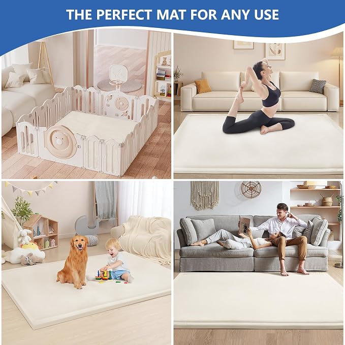 Huloo Sleep Ultra Soft Baby Play Mat for Floor, 1.3" Thick Elasti-Foam 59x59 Play Mat for Playpen,Water-Repellent Coral Velvet for Tummy Time, Non-Slip Backing,Safe for Toddlers & Infants（Cream）
