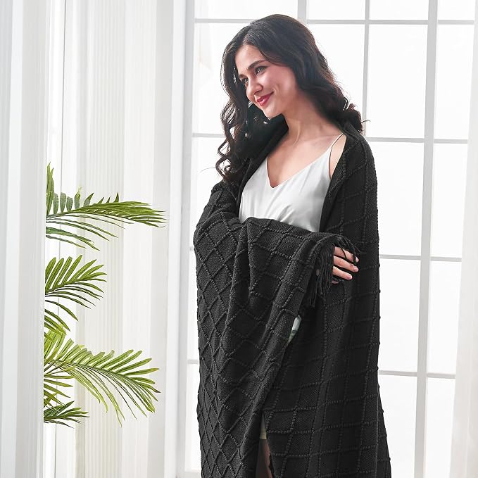 inhand Black Knitted Throw Blanket for Couch and Bed, 50"x60" | Soft Cozy Knit Blanket with Tassel, Lightweight Decorative Blankets and Throws, Farmhouse Warm Woven for Men and Women