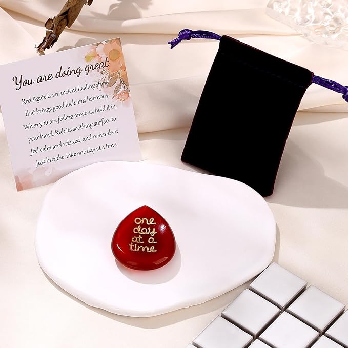 ZHIYUXI One Day at A Time Red Carnelian Agate Thumb Worry Stone for Anxiety Crystals Hand Thumb Stones Pocket Thinking of You Gifts for Women Inspirational Worry Stones for Stress Relief