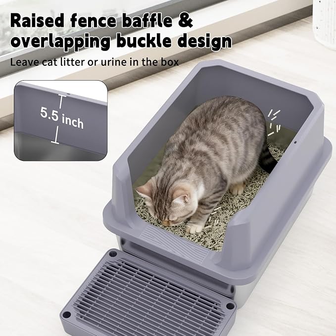 RIZZARI Cat Litter Box Non-Porous: Open High Sides for Indoor Cats | Open-Top Airflow / High Anti-Spill Edges / Wavy Mat Anti-Tracking / Spacious for All Breeds / Easy Visibility for Quick Clean
