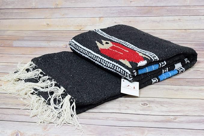 Open Road Goods Thick Mexican Yoga Blanket - Serape Fish Design - Handmade (Black)