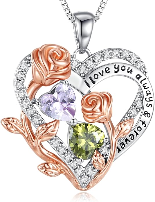 I Love You Birthstone Necklace, 925 Sterling Silver Heart Pendant with CZ Diamond Stones, Birthday Gifts for Women, Romantic Gift for Wife, Girlfriend, Her, Anniversary, Valentine's Day, Christmas