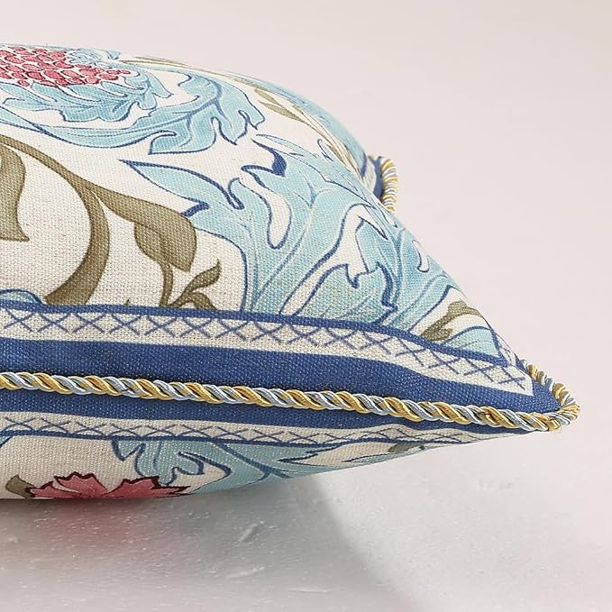 patdrea Designer Vintage Linen Throw Pillow Cover,18"x18",Set of 2-Fromm A | Luxury Decorative Pillow Case with Zipper,Blue Floral Pattern,Pillow Cover for Couch Living Room Bedroom Sofa