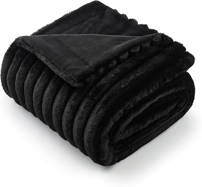 Faux Fur Throw Blanket for Couch, Cozy Fuzzy Fluffy Fur Luxurious Soft Striped Plush Gift Blankets for Family Sofa Chair Bedroom, 55"x70", Black