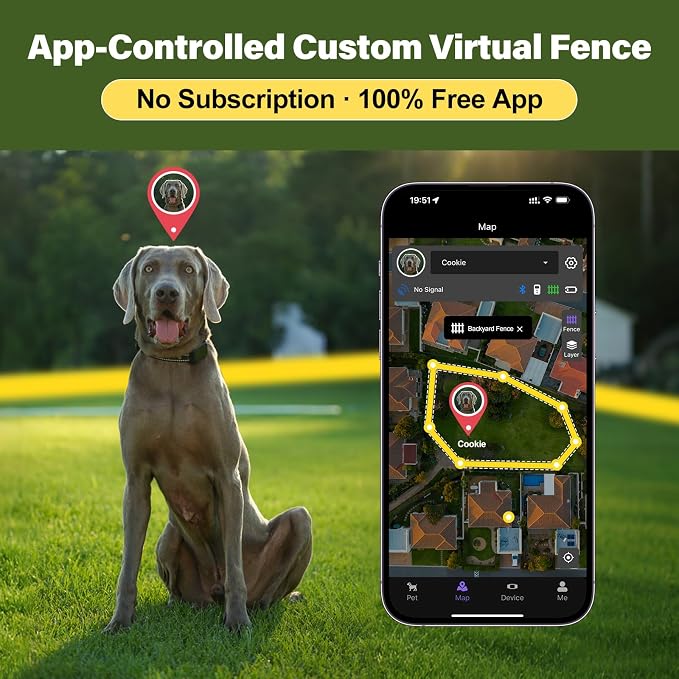 GPS Wireless Dog Collar Fence System - No Monthly Fee App Control, Custom Polygon Boundary & Remote Training, Free Phone Tracker for Up to 5 Pets, Virtual Electric Fence for Dogs