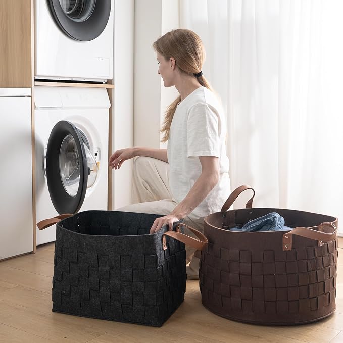 Laundry Basket 20" x20 " x11.8 ", Large Felt Fabric Blanket Basket with Leather Handle, Dirt Clothes Laundry Hamper Round for Babies, Dogs and Living Room-Brown