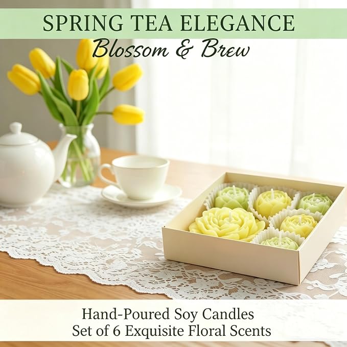 Flower Candles, Scented Floral Candle Rose Peony Shaped (Green) | 6-Pack Handmade Aromatherapy for Spa Party Wedding Home Decor