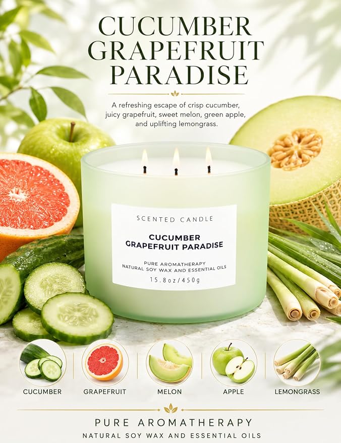 Cucumber Grapefruit Melon 3-Wick Soy Summer Scented Candle for Home 15.8oz | Citrus, Apple & Green Notes, Crisp & Fresh, Clean Burn, Large Scented Candles for Bedroom, Bathroom & Spa, Gift for Women