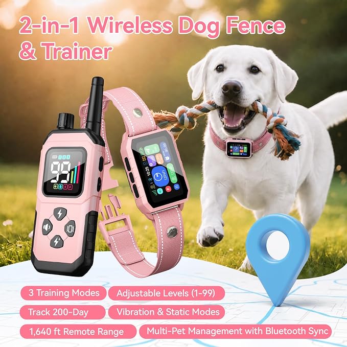 GPS Wireless Dog Fence, 2-1 Smart GPS Wireless Dog Fence with Free APP | No Subscription Fees, IP67 Waterproof, Pet Containment System with 3 Training Mode Beep/Vibration/Static, for Dogs 10–120 lbs