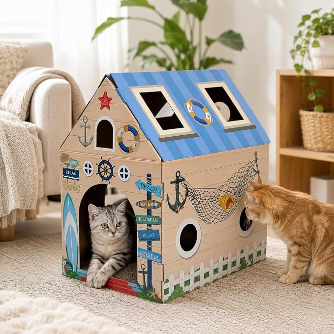 Cinrobiye Cardboard Cat House with Scratcher, Indoor Cat Condo Cat Cave Hideout with Scratch Pad, Cardboard Cat Playhouse Bed for Cats, Kittens, Rabbits & Small Pets (Seaside)