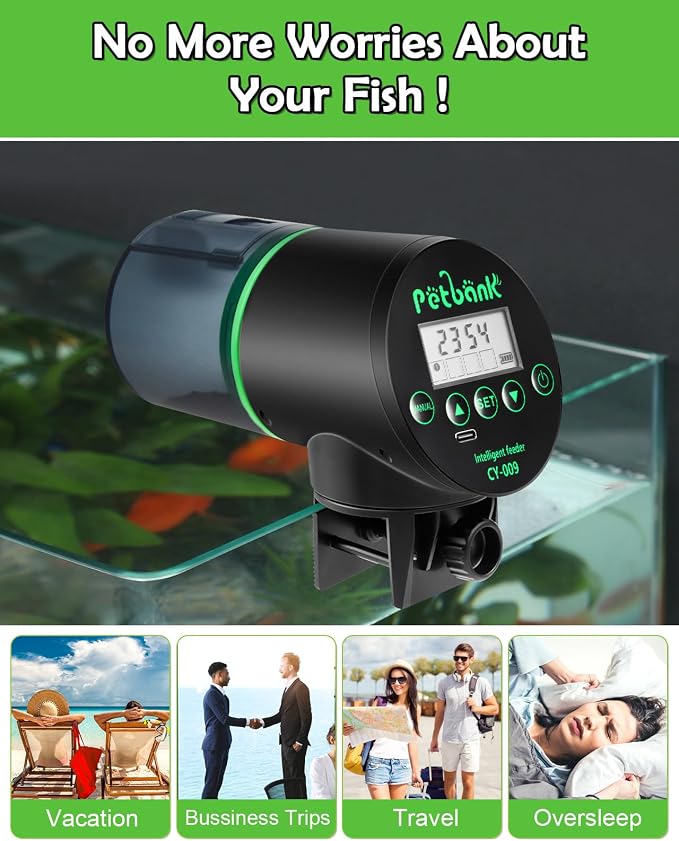 Automatic Fish Feeder for Aquarium Easy Setup & 4 Timers Black | 200ML Rechargeable Auto Food Dispenser for Flakes & Pellets, LCD Display, Vacation Feeding for Small Tank Betta Koi Turtle