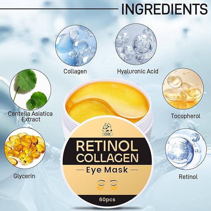 Eye Patches for Dark Circles and Puffiness with Retinol, Collagen, Vitamin C, Hyaluronic Acid - 60pcs Anti Aging Under Eye Masks for Undereye Brightening, Hydrating, Anti-Wrinkle & Cooling (Golden)